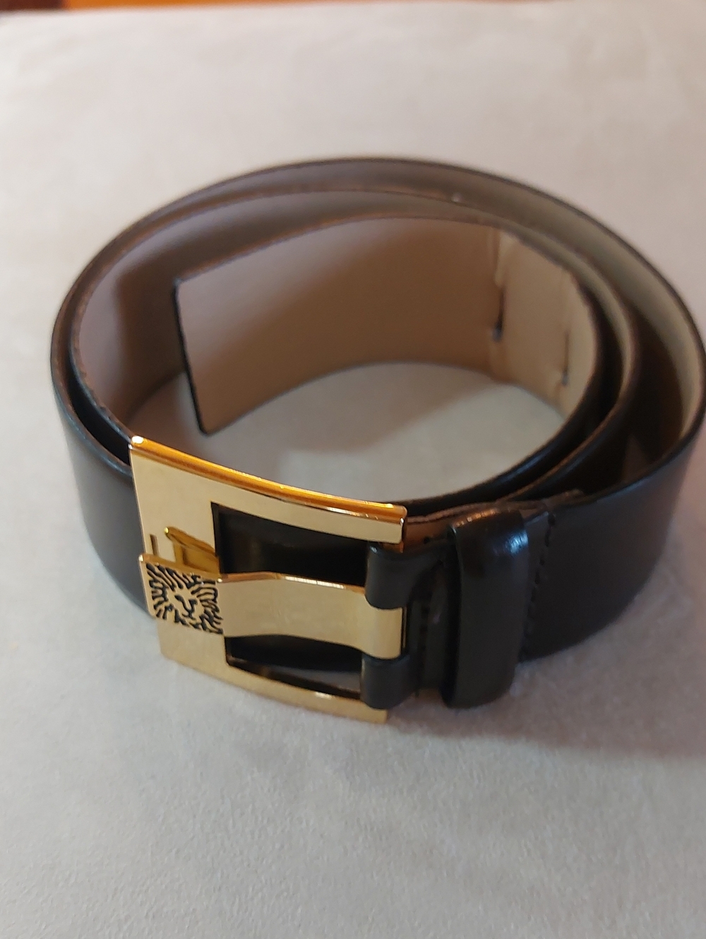 Anne Klein Black Leather Belt with Gold Buckle